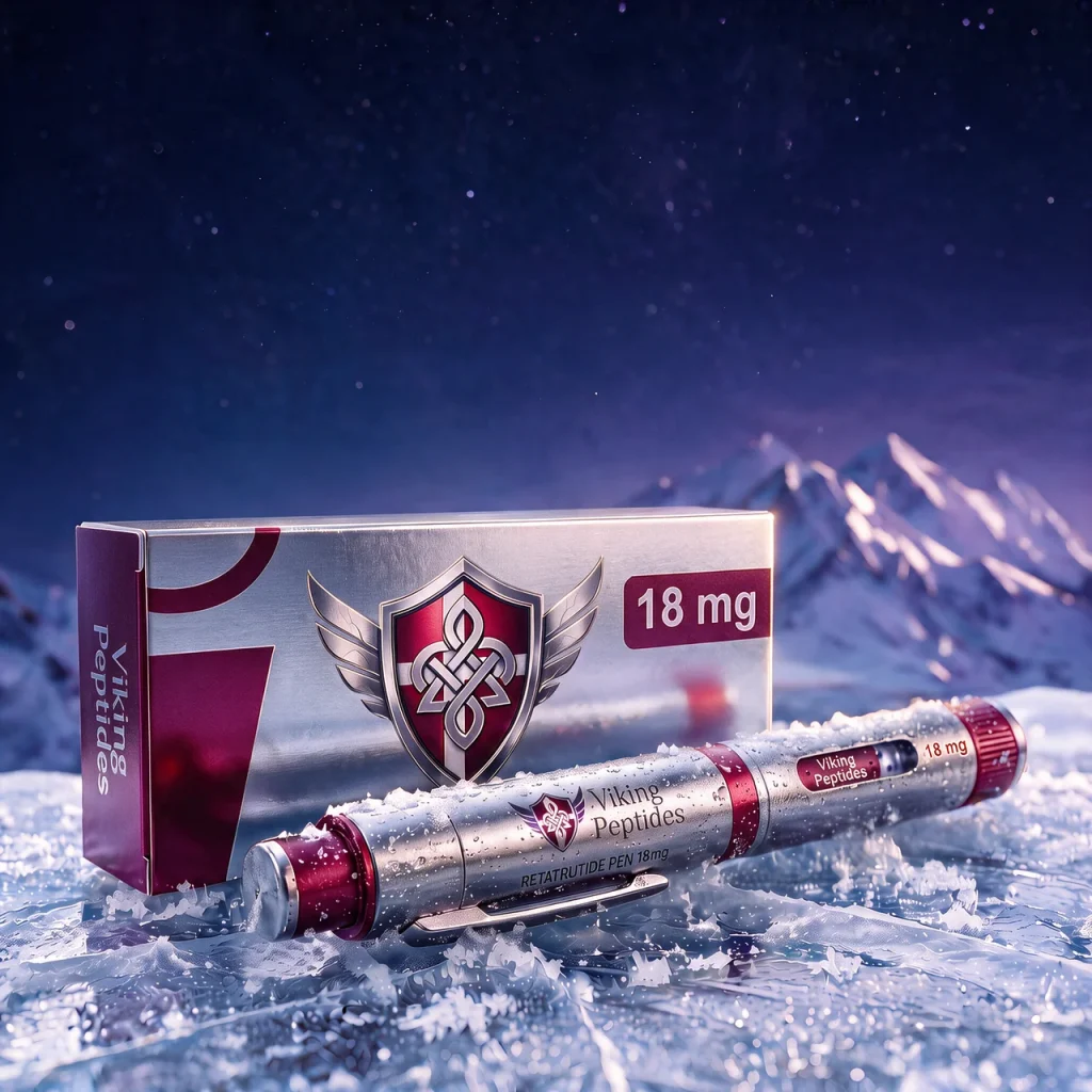 Viking Peptides Retatrutide-pen 18 mg med æske på is